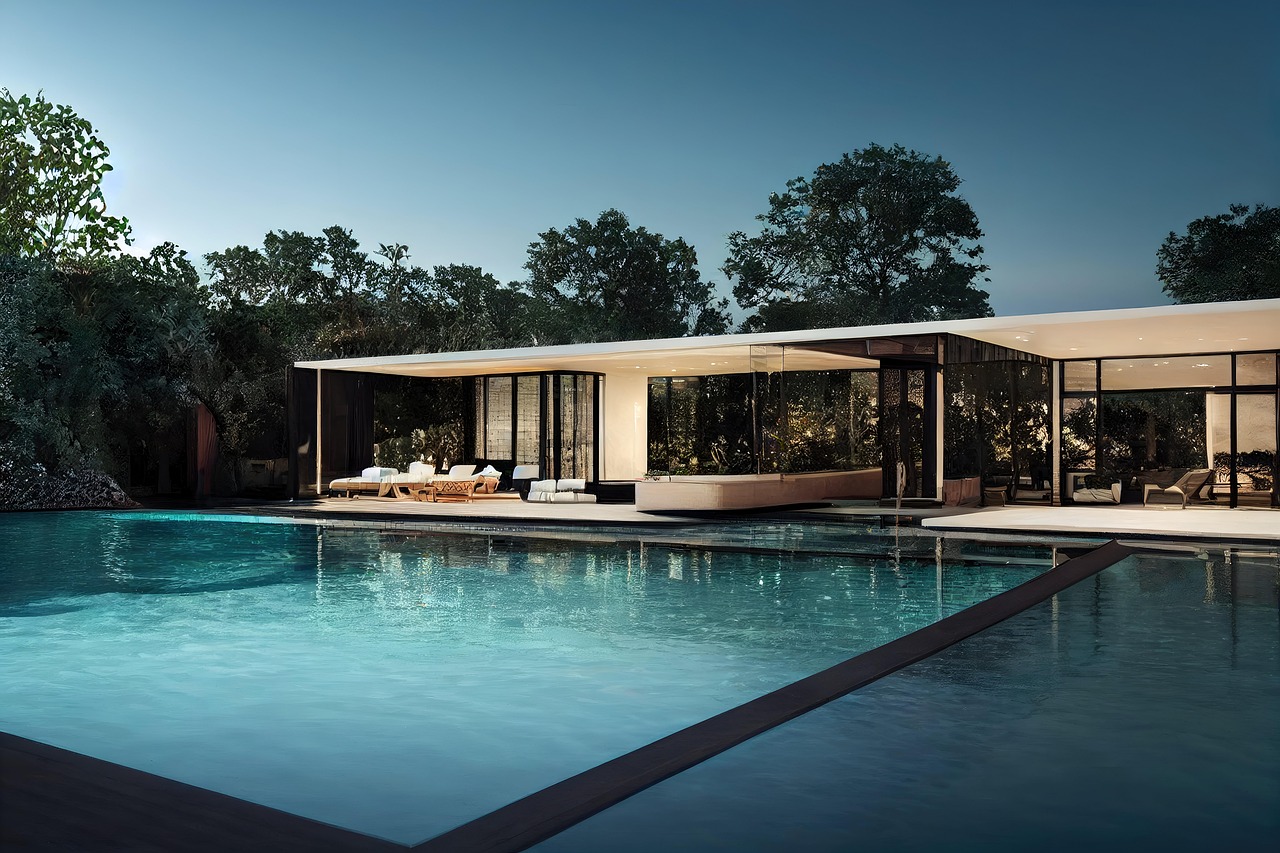 A low modern house with glass walls beside a lit pool at dusk