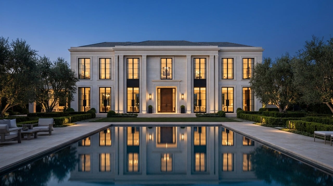 A stately villa lit at twilight, mirrored in a still pool